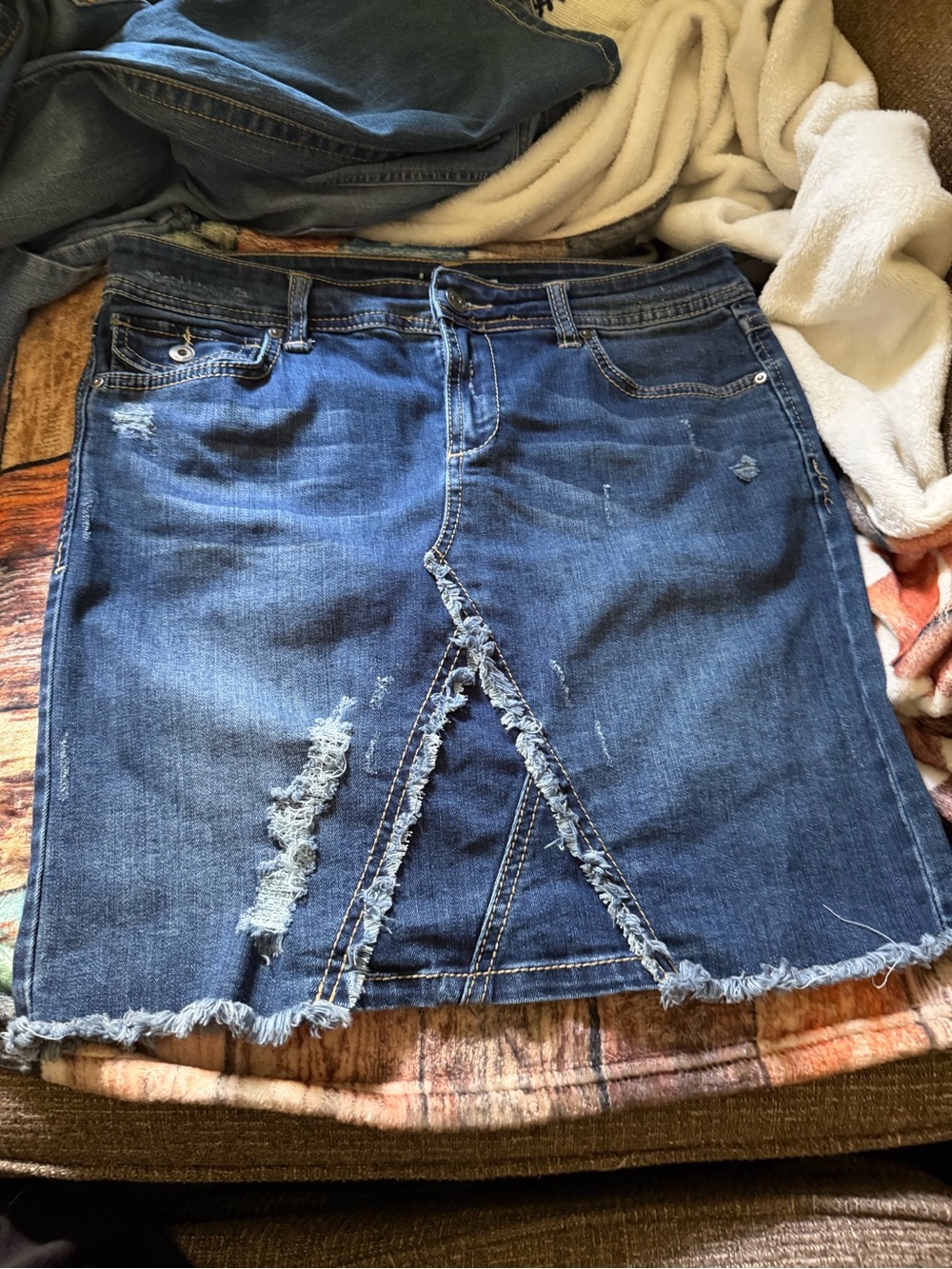 Dark Blue Distressed Denim Skirt with Frayed Hem